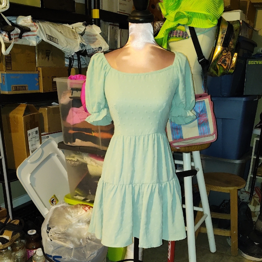 SHEIN Light Green Puff Sleeve Mini Dress